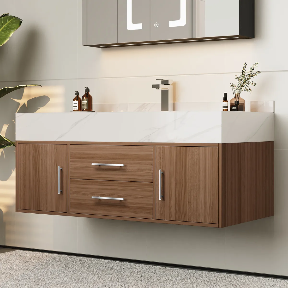 59" Double Sink Bathroom Vanity with Gold Handles – Walnut Modern Floating Vanity — image 14