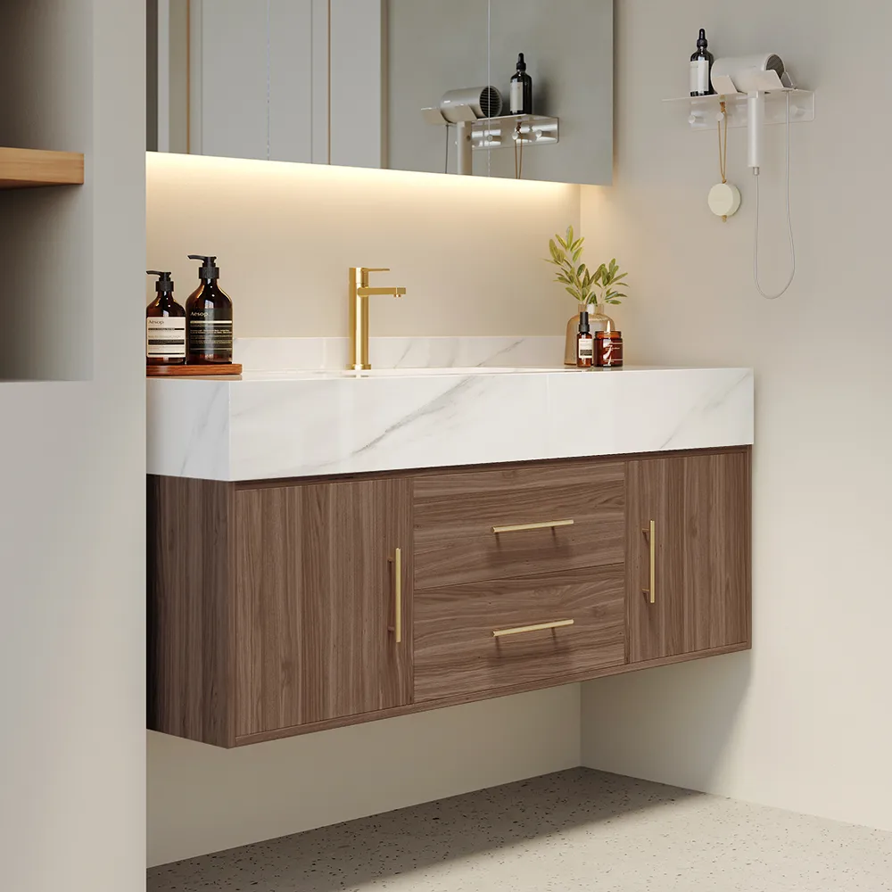 59" Double Sink Bathroom Vanity with Gold Handles – Walnut Modern Floating Vanity — image 10