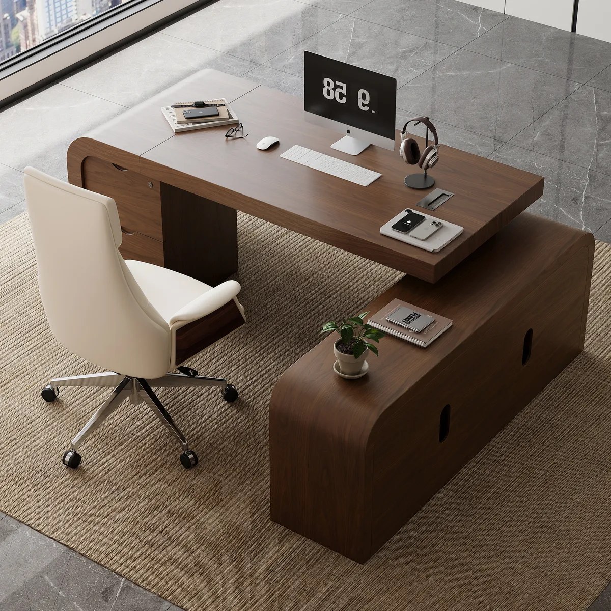 L-shaped Modern Executive Desk & Reclining Leather Office Desk Chair High Back — image 26