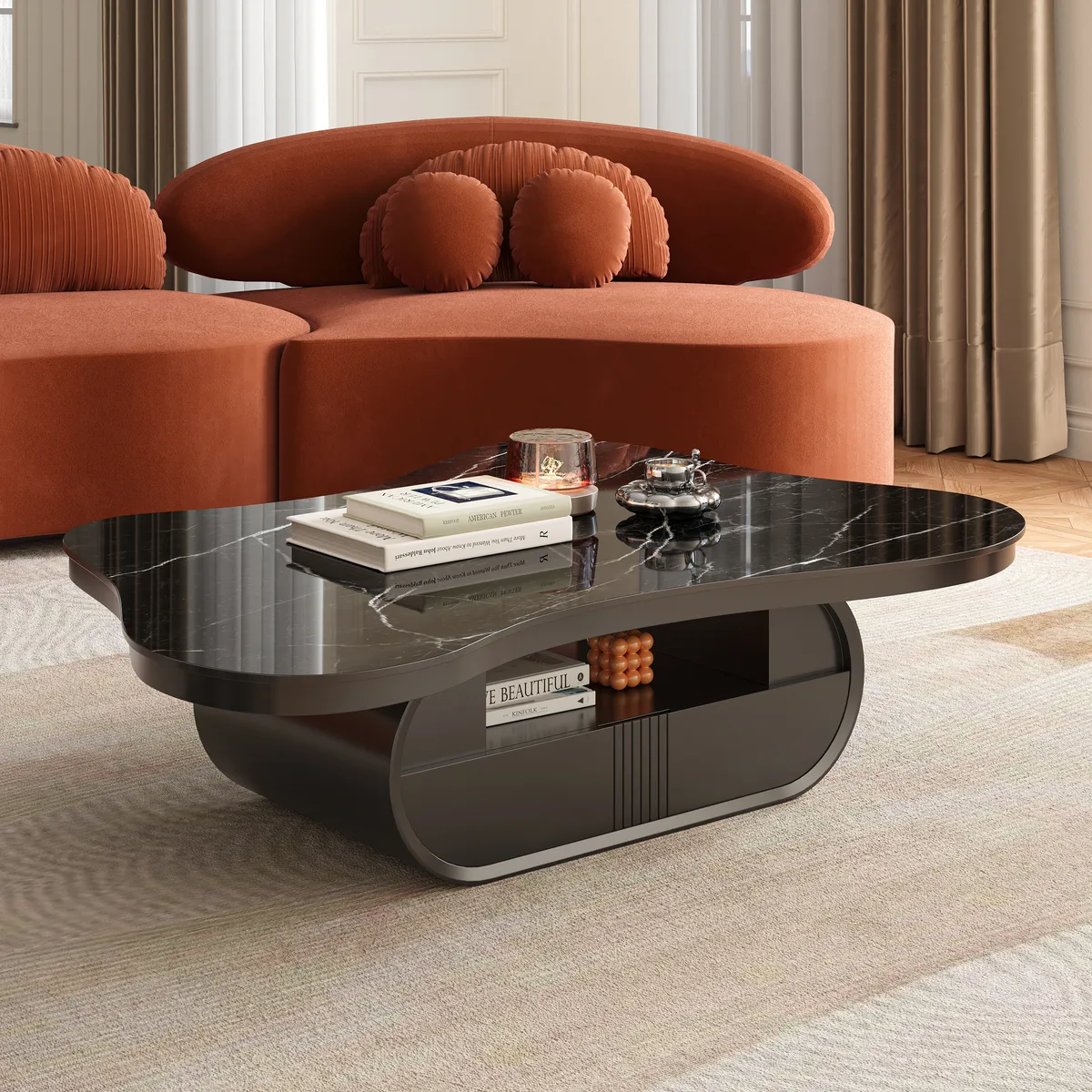 Cloud Coffee Table Wood Irregular Sintered Stone Top