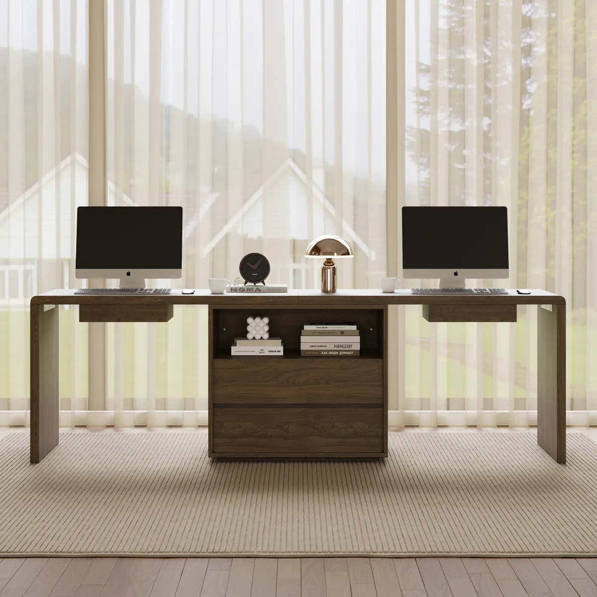 Modern 94" Rectangular Brown Double Desk with Drawers, Seats 2 — image 14