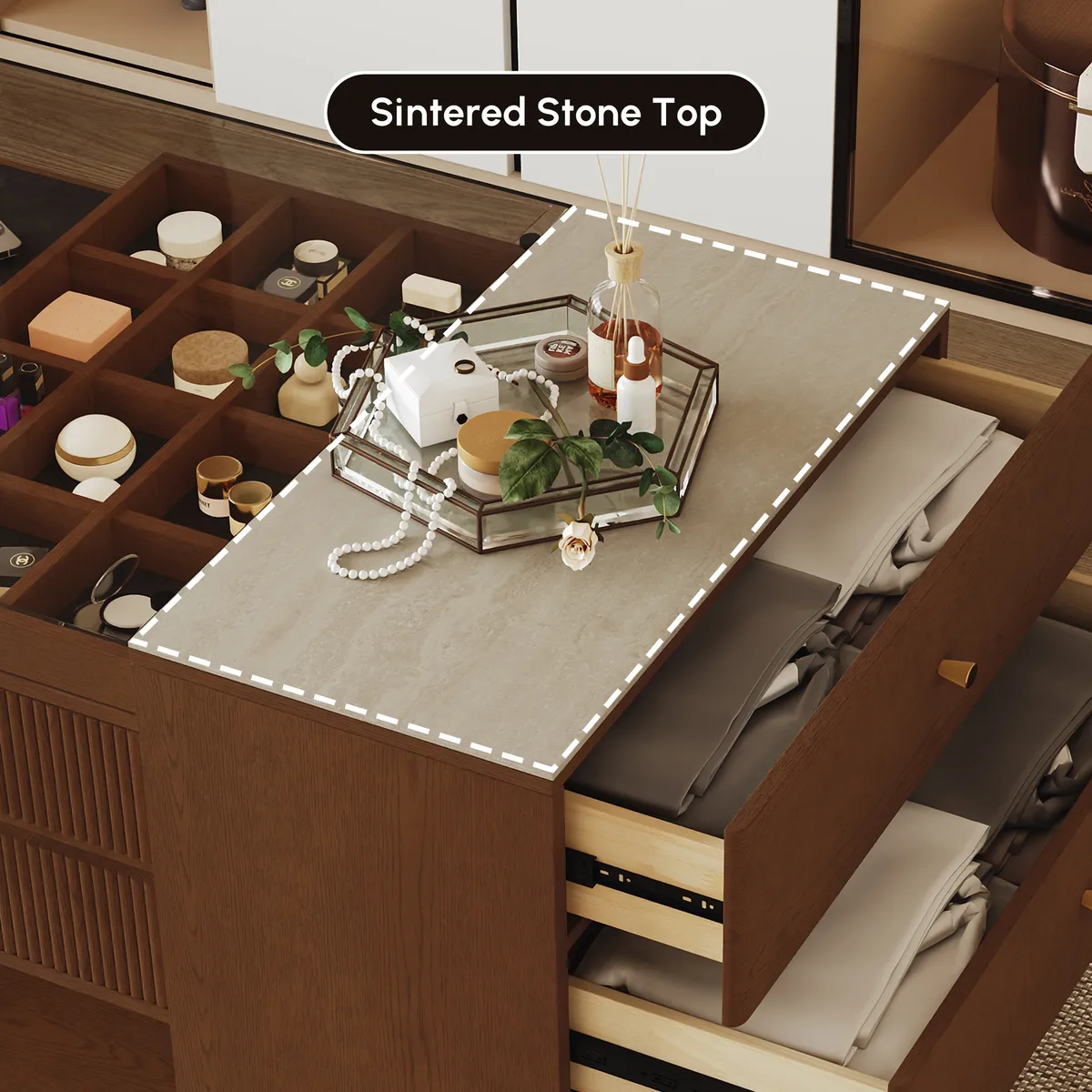 60" Glass Top Walnut Dresser Walk-in Closet Island with Jewelry Storage — image 9