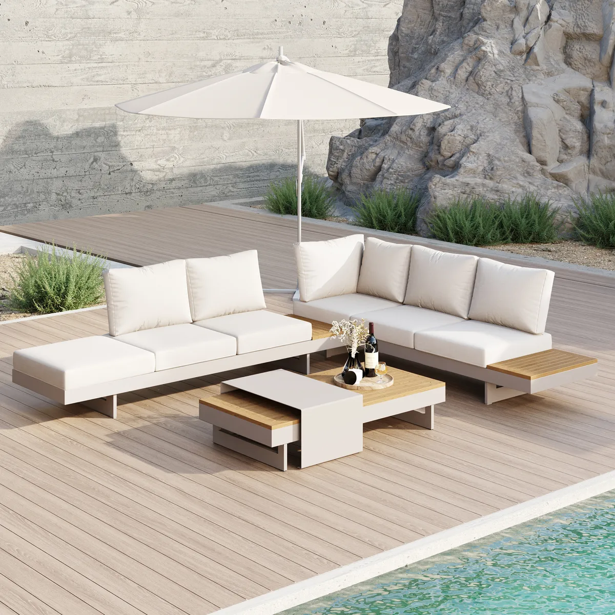 Tevara 7-Piece Outdoor Teak & Aluminum Modular Sofa Set for 6 with Ivory Cover — image 24