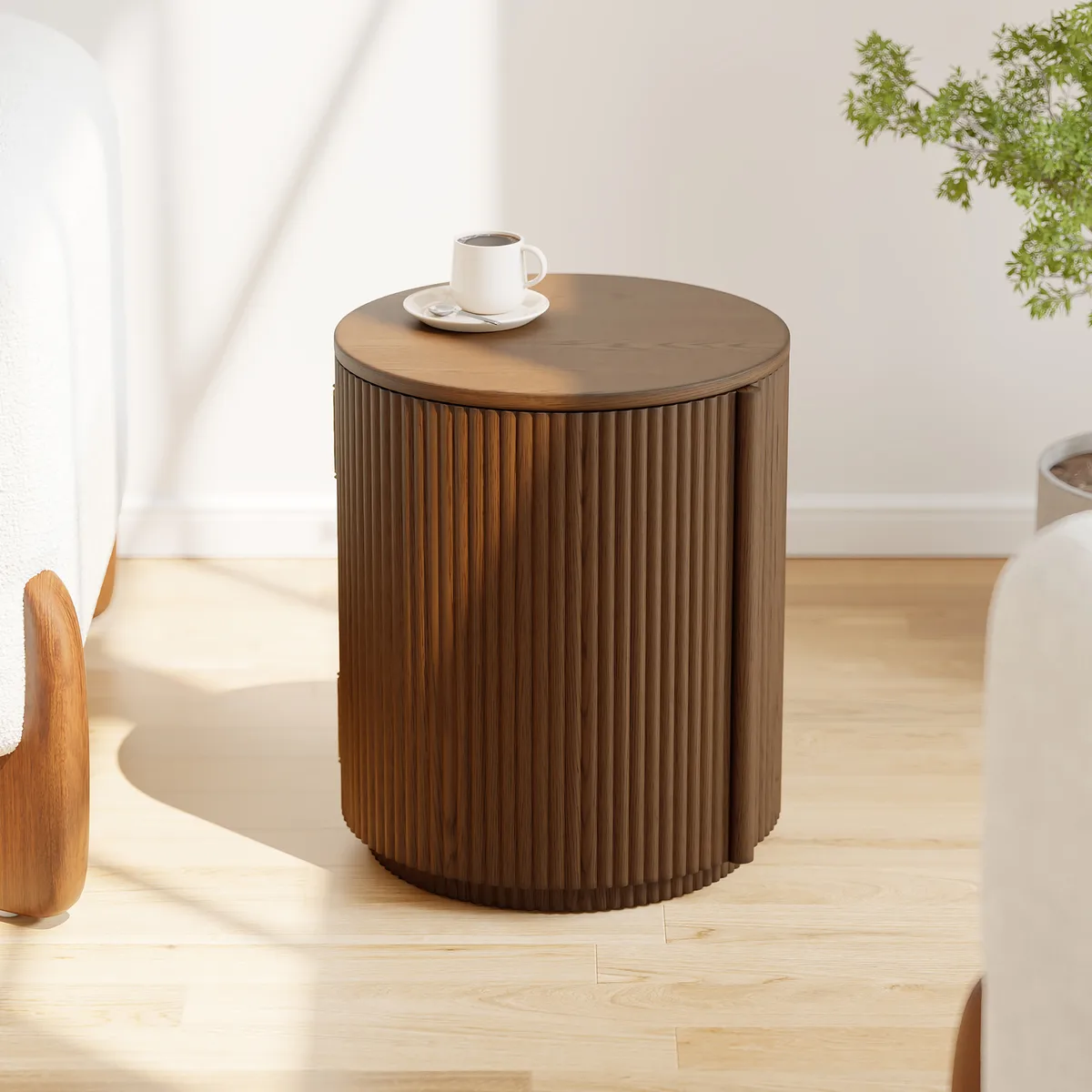 Round Fluted Side Table with Storage