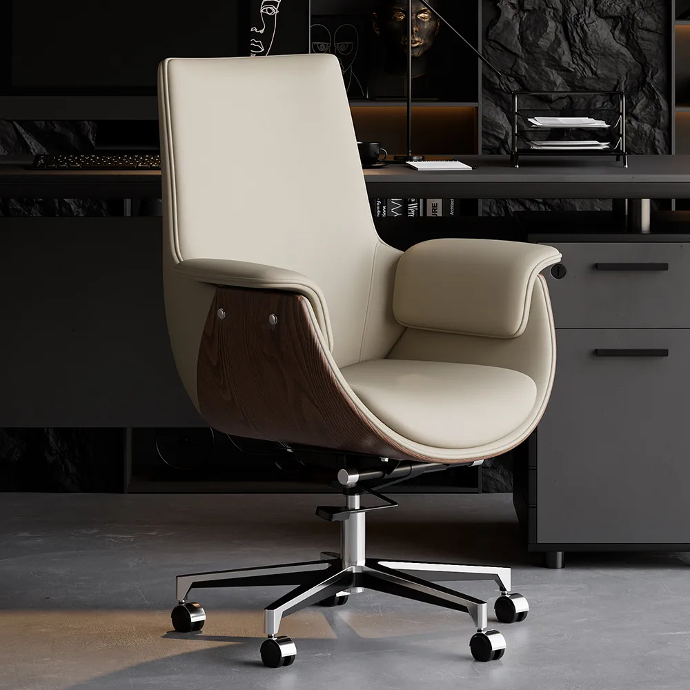 Black Leather Modern Home Office Chair Upholstered High Back Desk Chair Wood Grain Frame — image 24