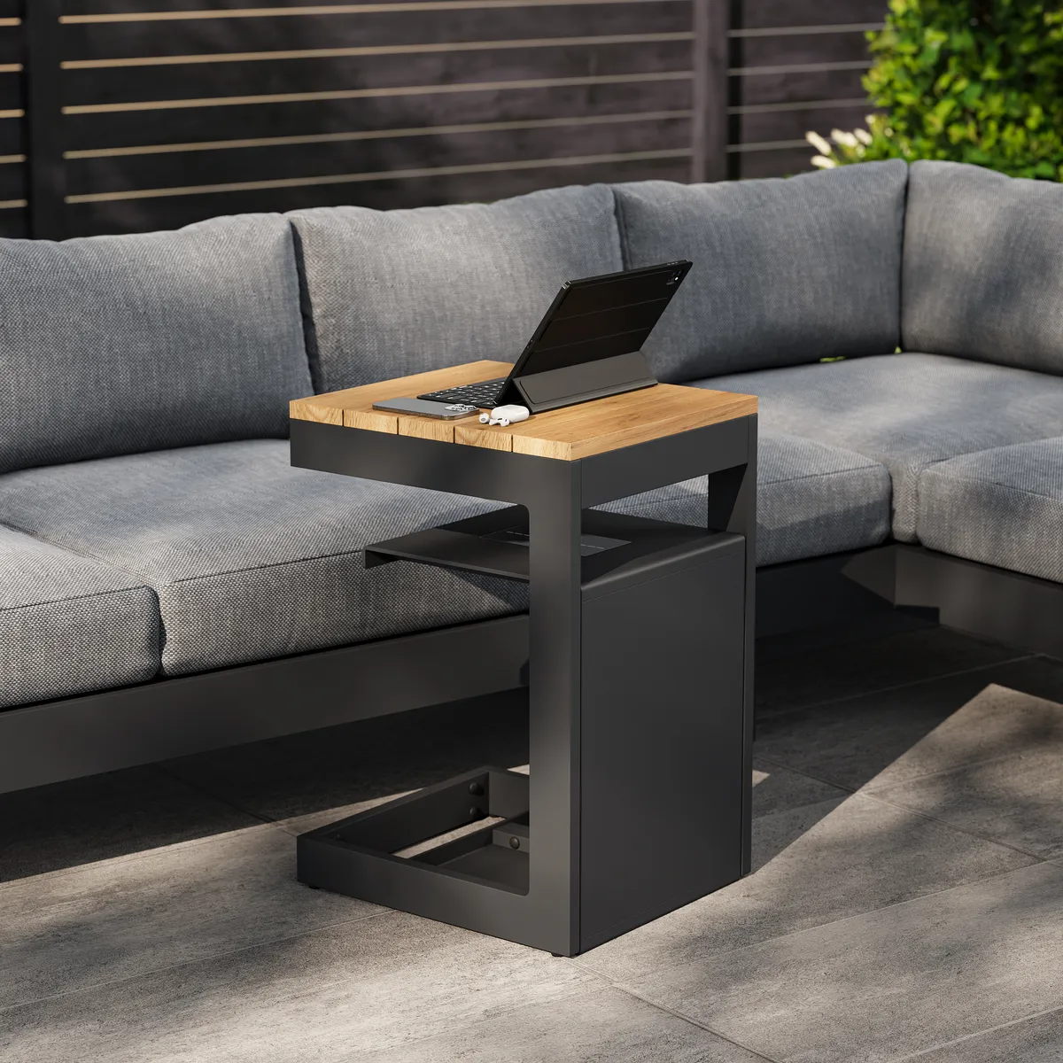 Tevara Outdoor Teak & Aluminum Solar Side Table (17")