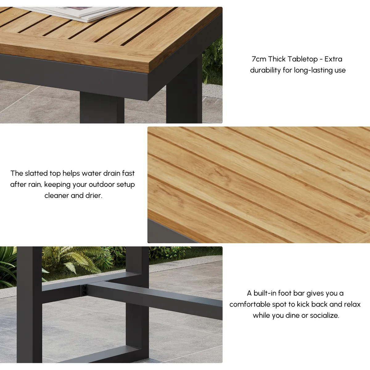 Tevara Outdoor Teak Wood Slat Top & Sand Aluminum Frame Bar Table for Patio — image 5