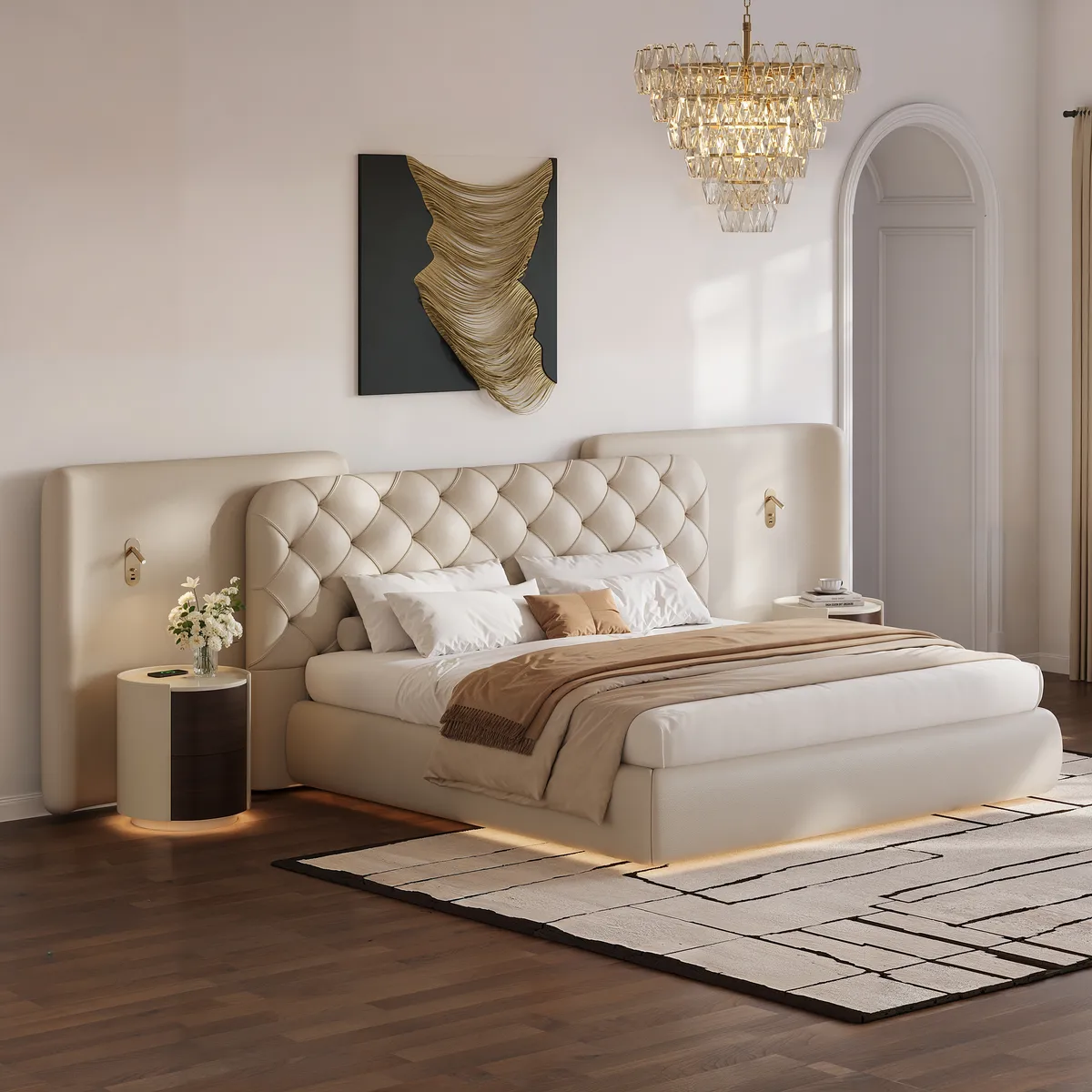 Modern King Genuine Leather Tufted Bed with Wide Charging Headboard & Light — image 4