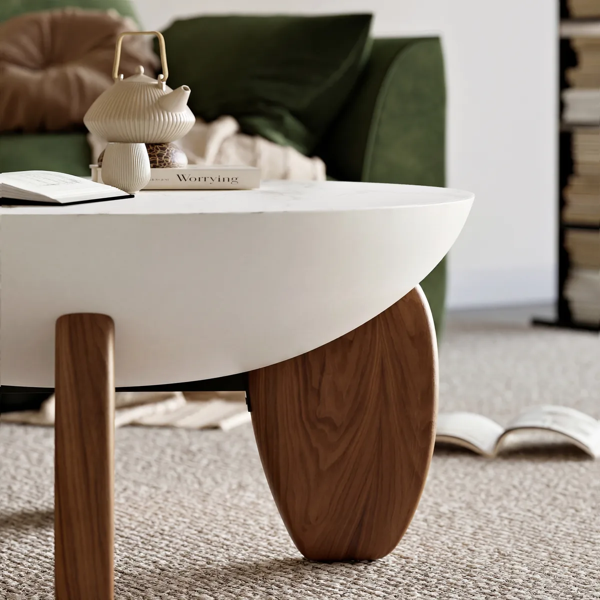 Curva Round Concrete Walnut Coffee Table with Wood Legs — image 7