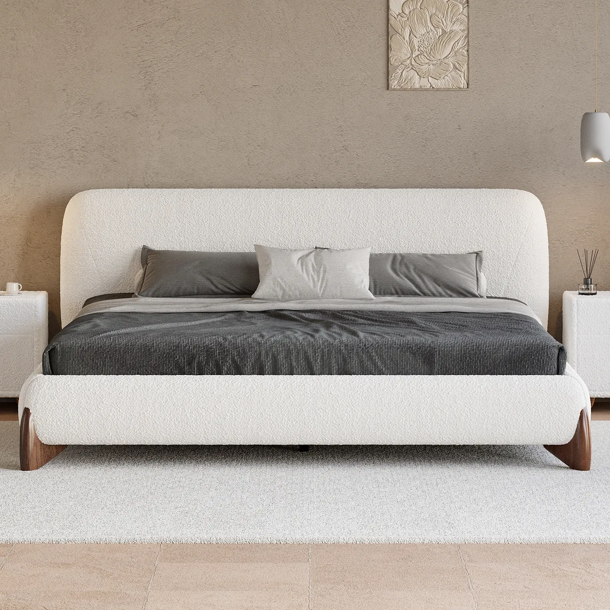 Modern White Boucle Platform Bed Queen Size Bed Frame with Upholstered Headboard — image 12