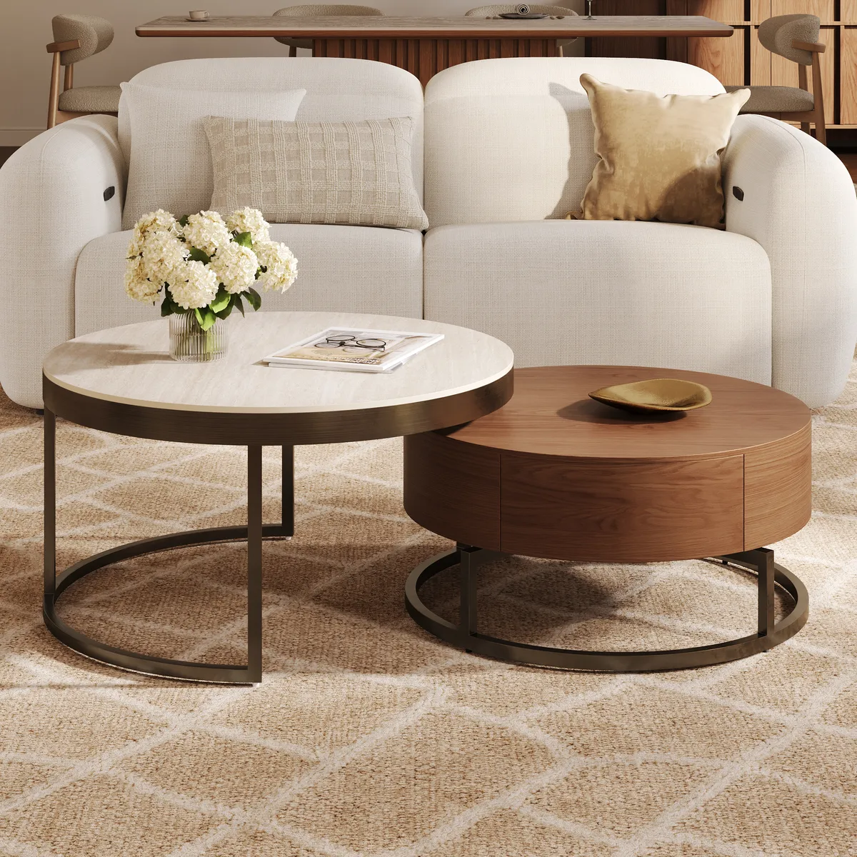 Nesnesis 28"-32" Round Nesting Walnut Coffee Table Set with Sintered Stone Top — image 3