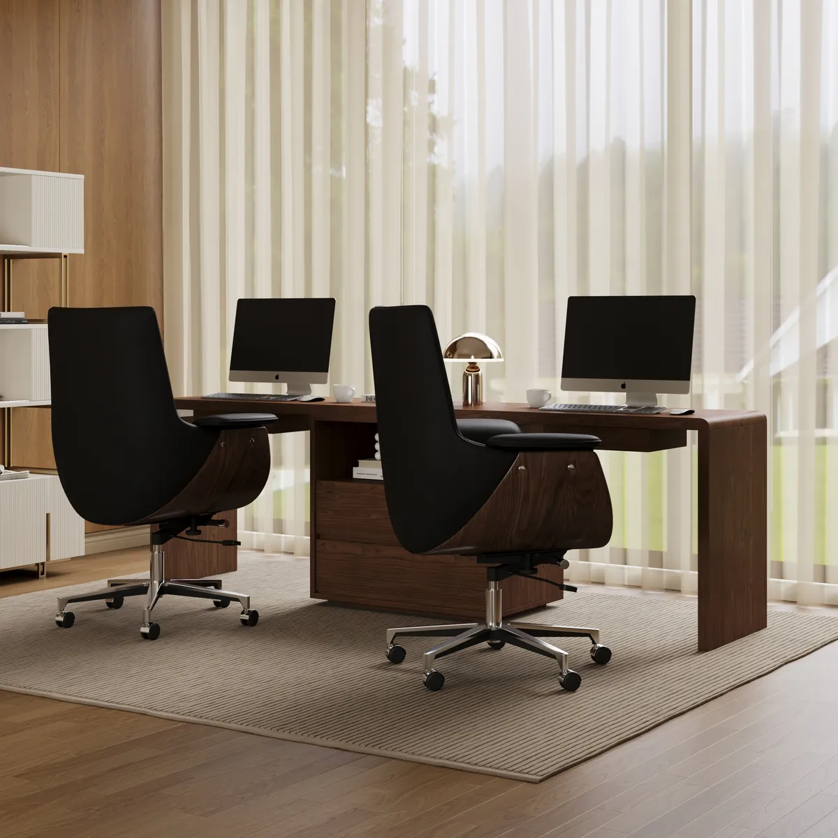 White Double Desk with Drawers & 2 Ivory PU Leather Modern Home Office Chairs