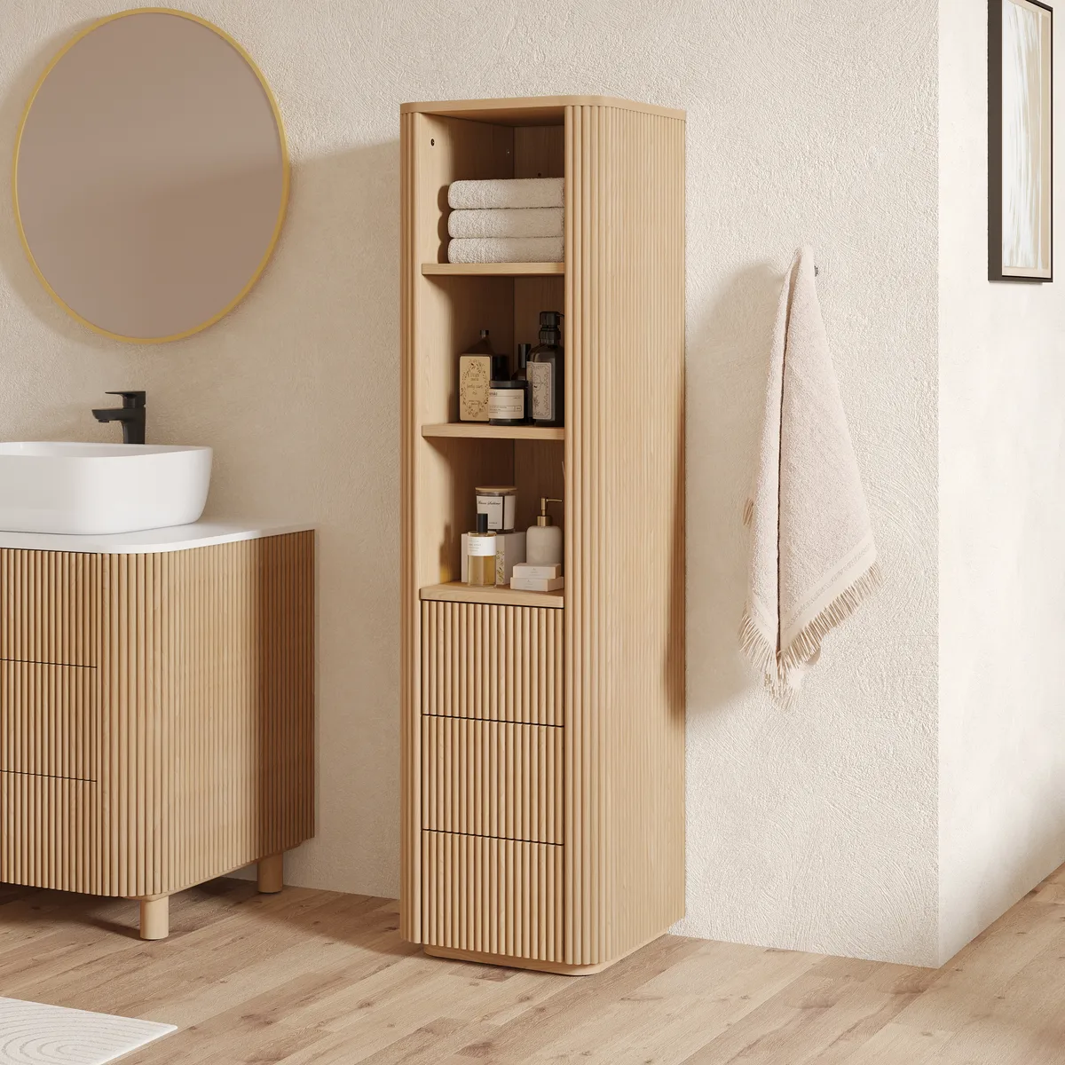 Fluted 58" Bathroom Linen Cabinet with 3 Drawers and Open Shelves — image 5