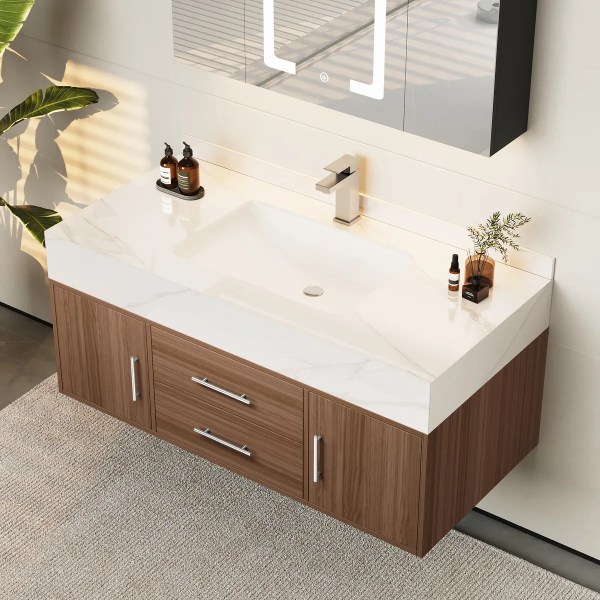 59" Double Sink Bathroom Vanity with Gold Handles – Walnut Modern Floating Vanity — image 21