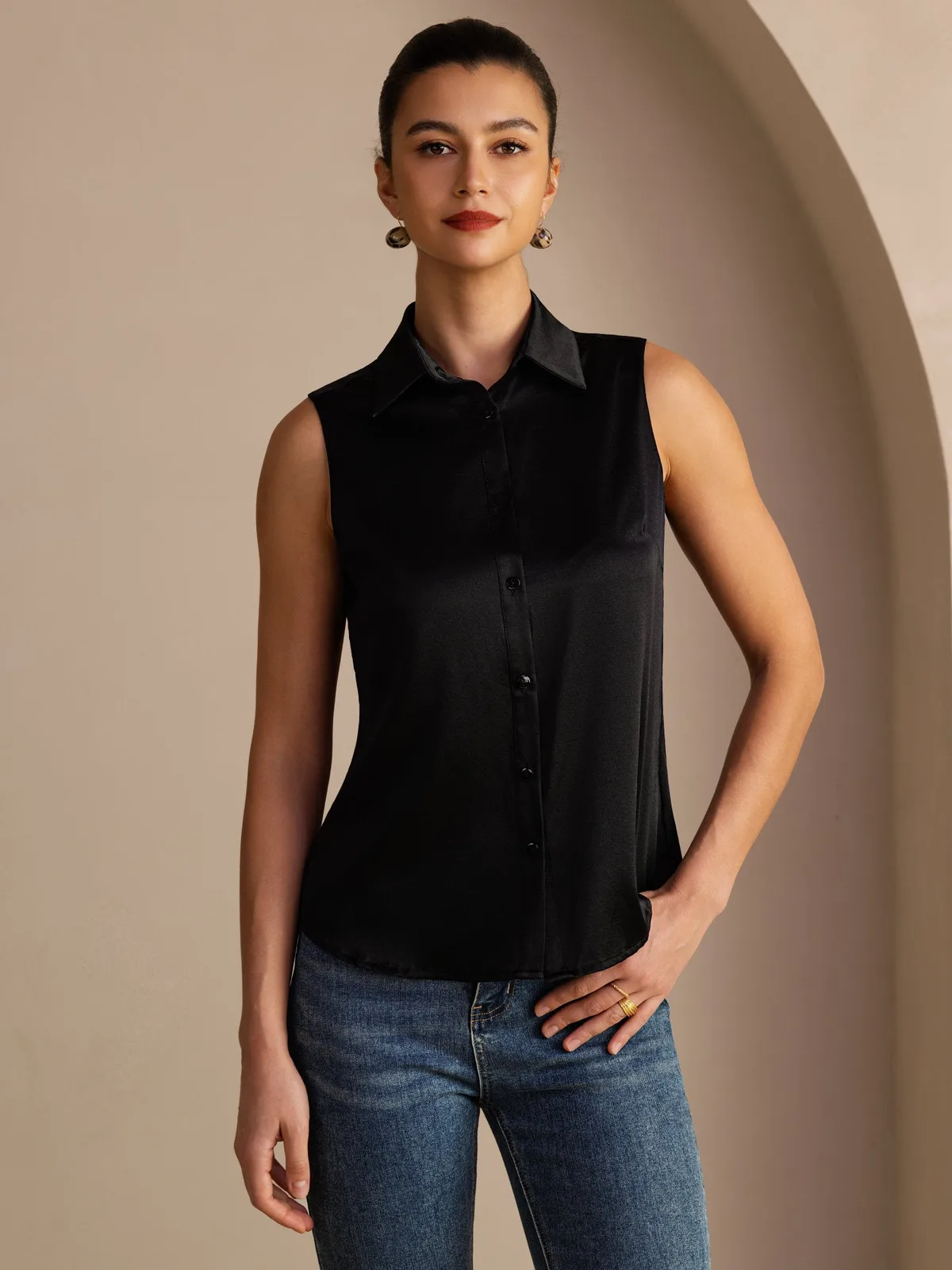 19Momme Silk Sleeveless Lapel Collar Women's Shirt with Button Up Design