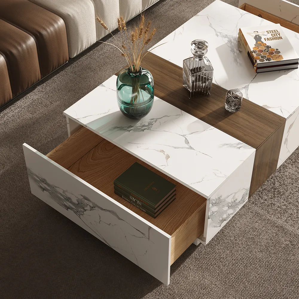 Vewal Wood Block Coffee Table Marble & Walnut Veneer in White with 2 Drawers — image 4