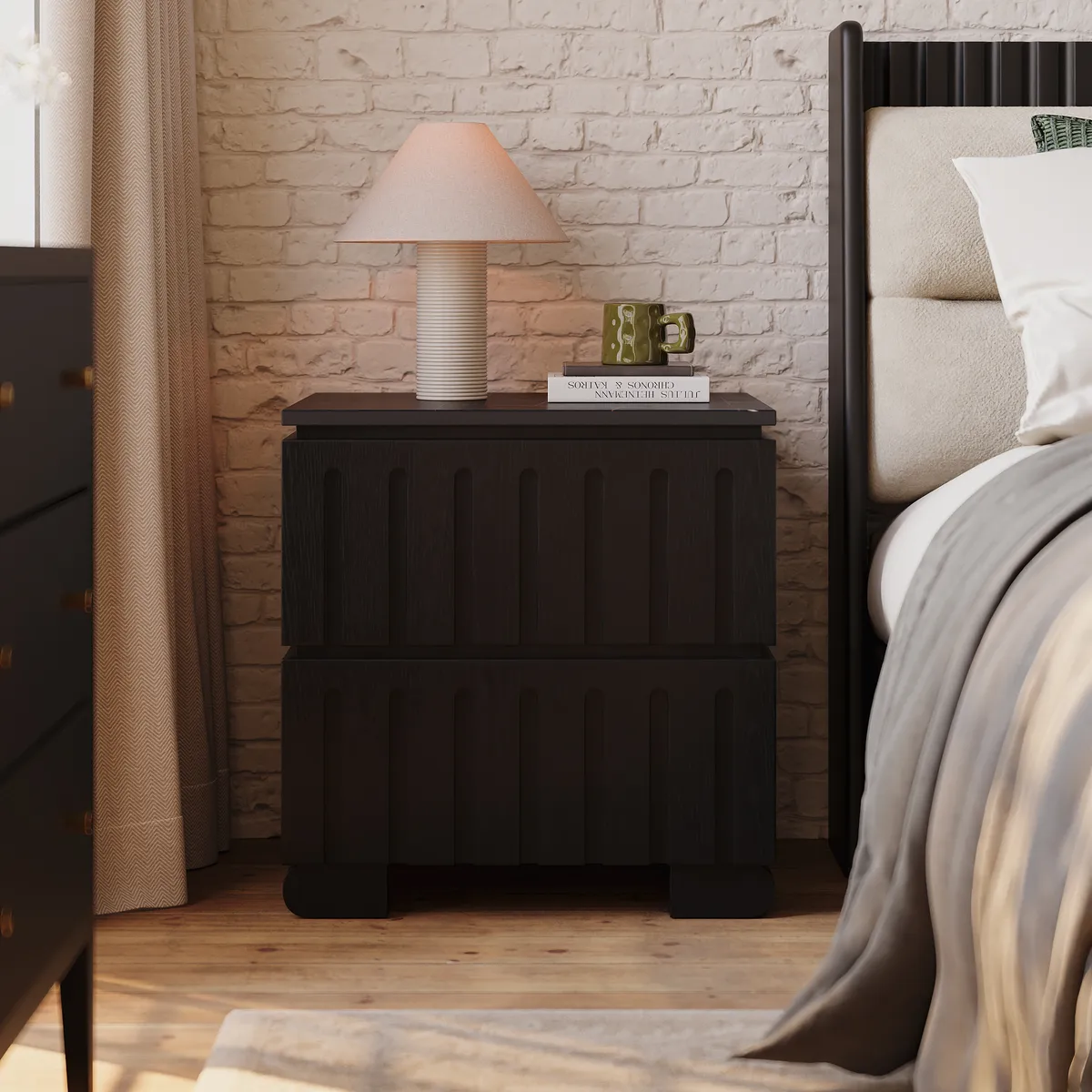 Modern Ash Wood 2-Drawer Nightstand with Faux Travertine Top — image 12