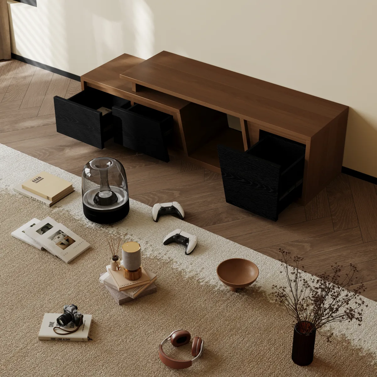 Fero Minimalist Rectangle Gray Extendable TV Stand with 3 Drawers Up — image 5