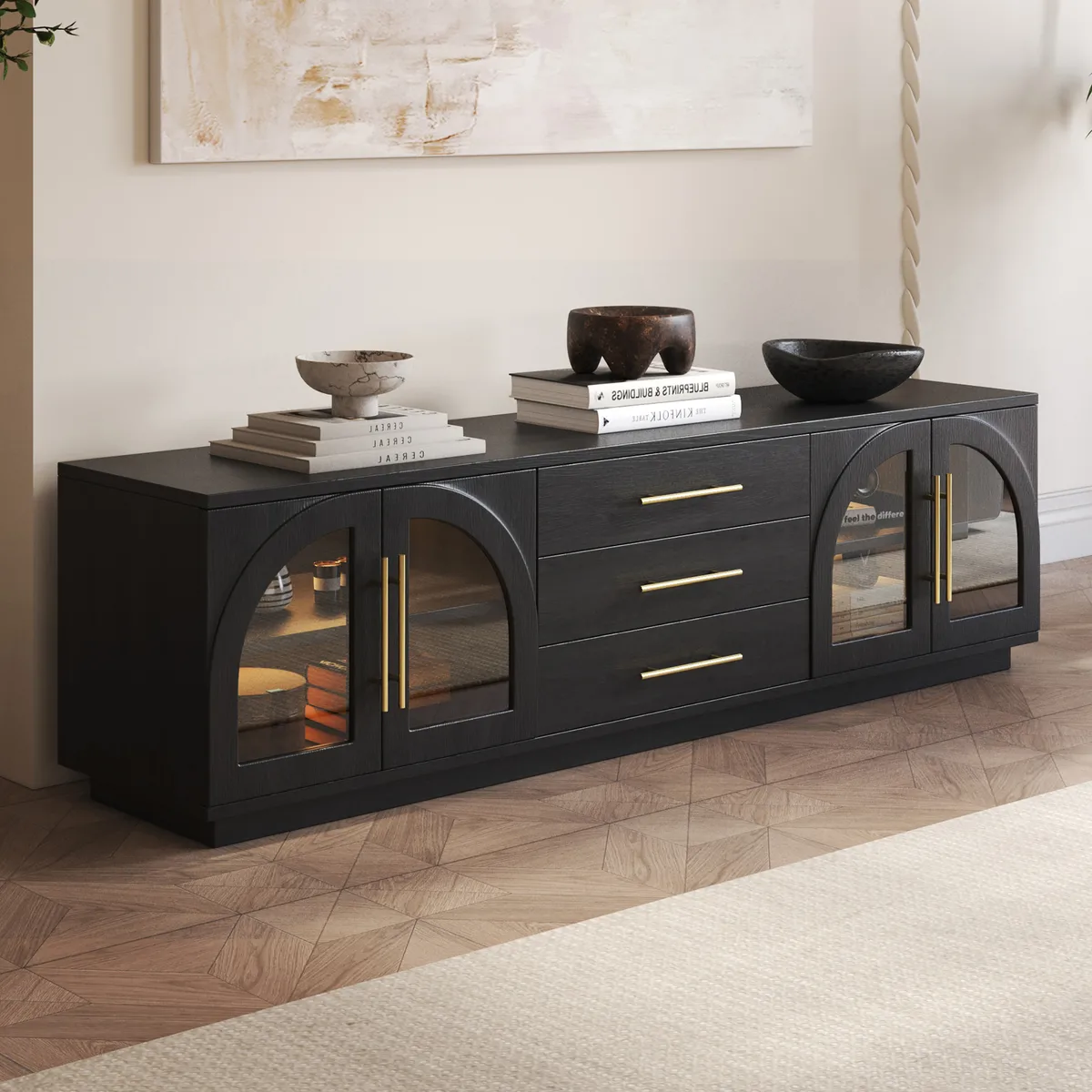 Arune 72" Japandi Whitewash TV Stand Coffee Table Set with LED Lights and Arched Glass Cabinet Doors — image 13
