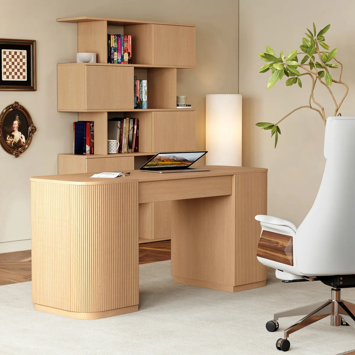 Modern 60" Black Standing Office Desk & Sliding Door Etagere Bookshelf — image 12