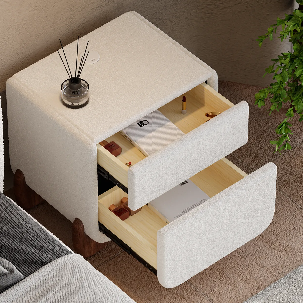 Curva Smart Boucle Nightstand with Wood Legs 2-Drawer Bedside Table — image 5