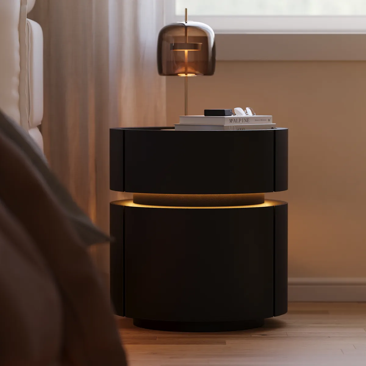 Round Saddle Leather Nightstand with Wireless Charging Bedside Table — image 13