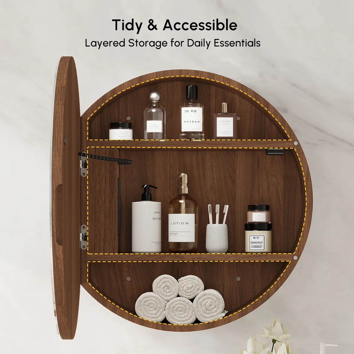 24" Round LED Walnut Medicine Cabinet with Storage, Anti-Fog, Dimmable — image 25