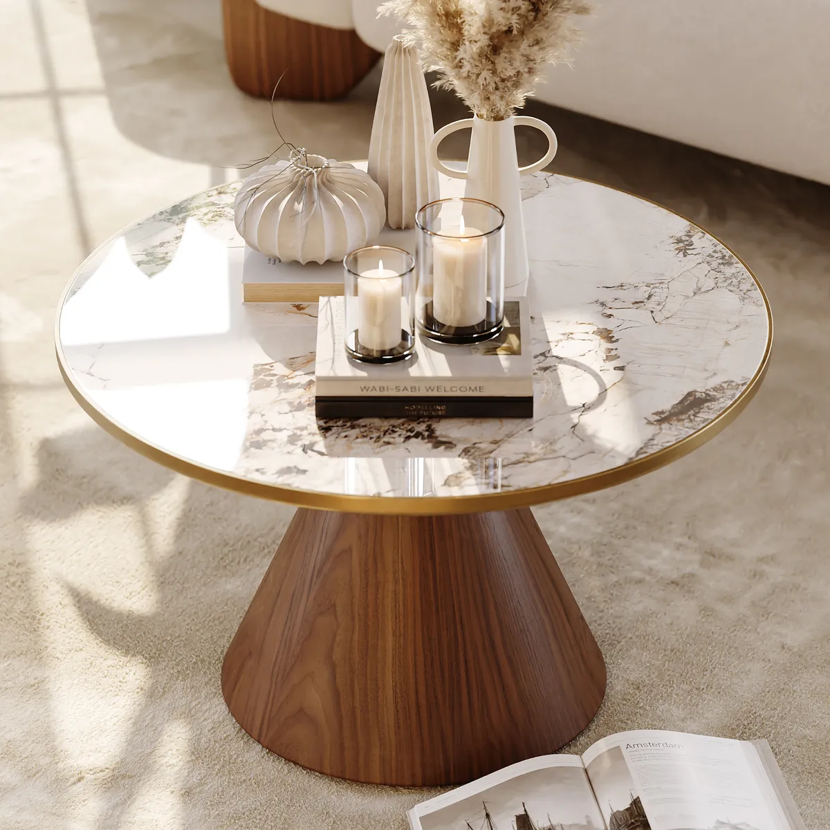 Sintered Stone Round Coffee Table Modern Black Living Room Furniture — image 27