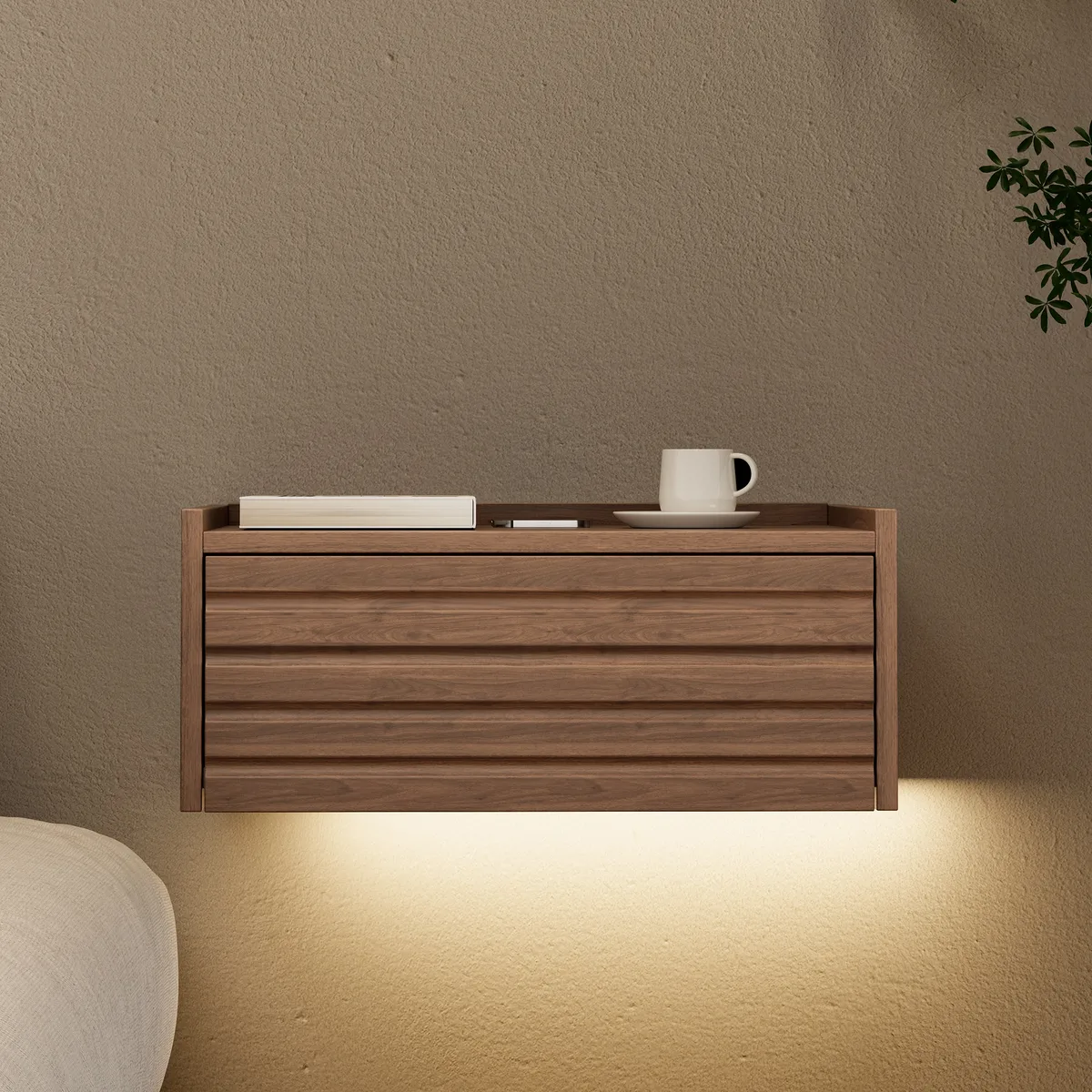 Wooden Floating Nightstand Modern Bedside Table with Charging Station Japanese Style — image 26