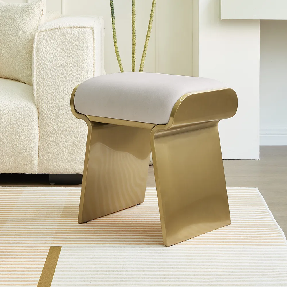 Modern Beige Backless Vanity Stool Leath-aire Upholstery & Gold Stainless Steel Frame — image 3
