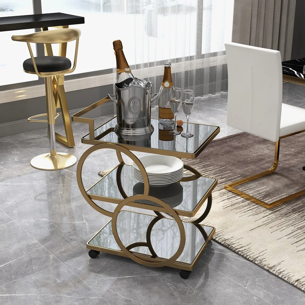 Rolling 3-Tier on Wheel Bar Cart with Handle in Black & Brushed Gold Style — image 5