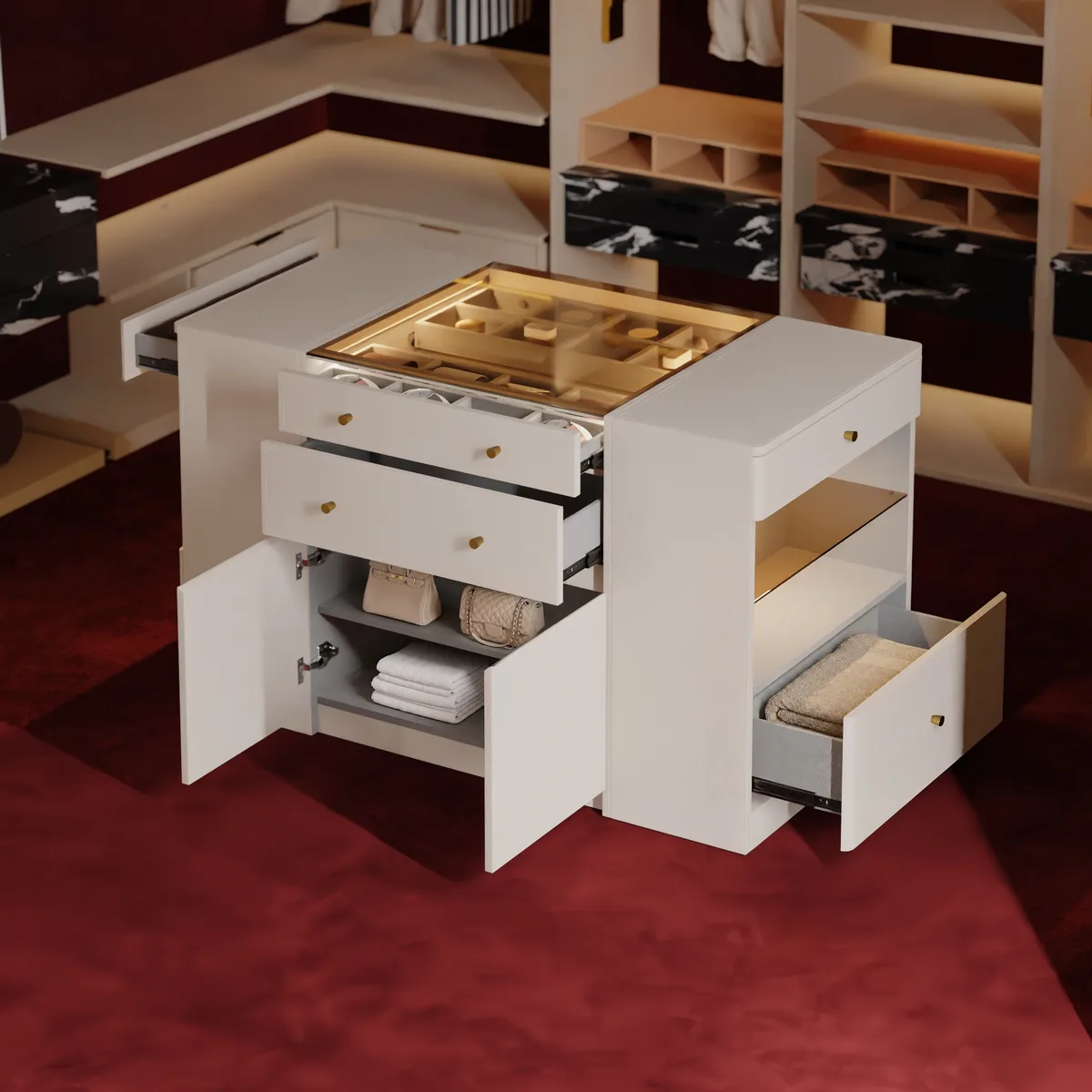 Selvo Saddle Leather Closet Island with Glass Top & Light — image 13