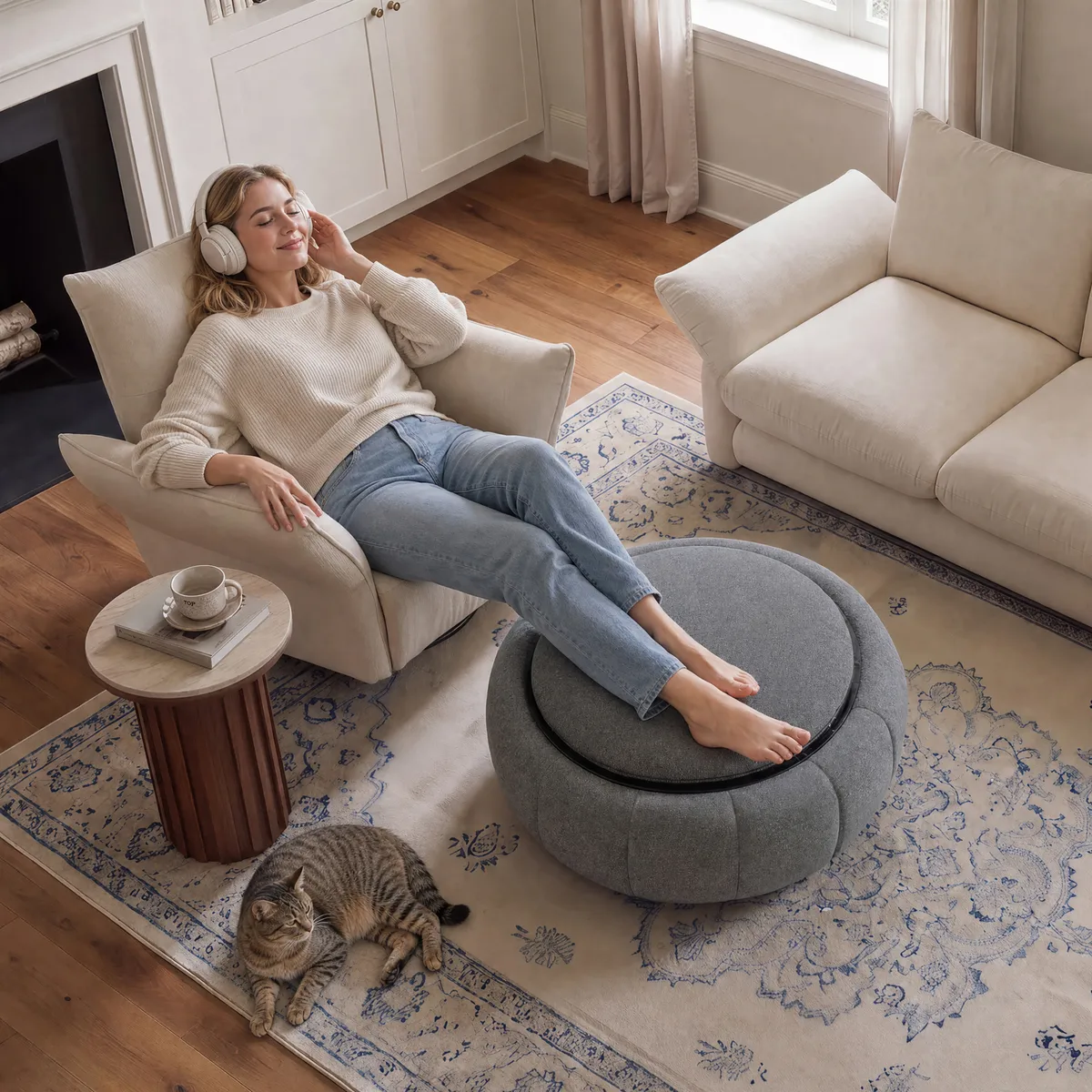 Modern 39" Round Performance Leather Ottoman Coffee Table with Hidden Storage — image 6