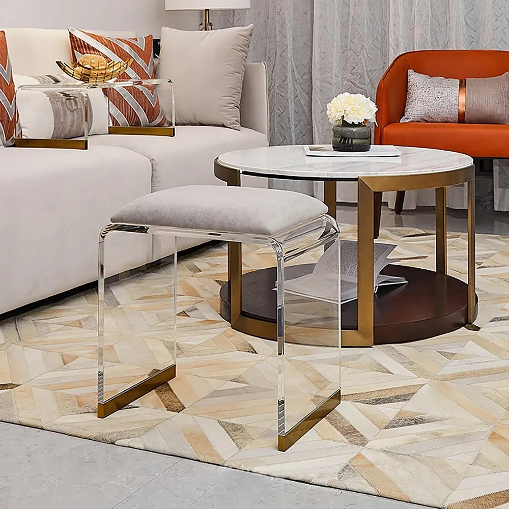 Velvet Upholstered and Acrylic Frame Makeup Vanity Stool Gray and Clear Ottoman — image 3