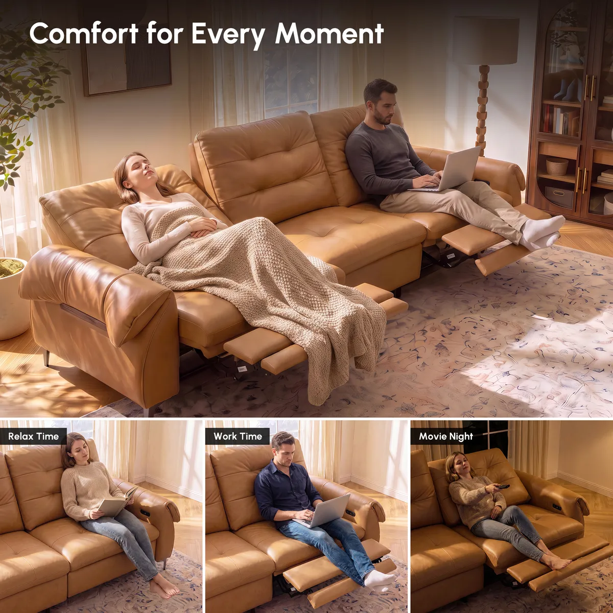 118" 3-Seater Genuine Leather Power Reclining Sofa with USB & Type-C — image 7