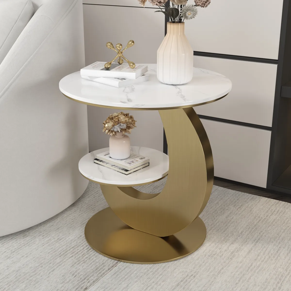 Round Faux Marble 2 Tier End Table Modern White & Gold Side Table — image 13