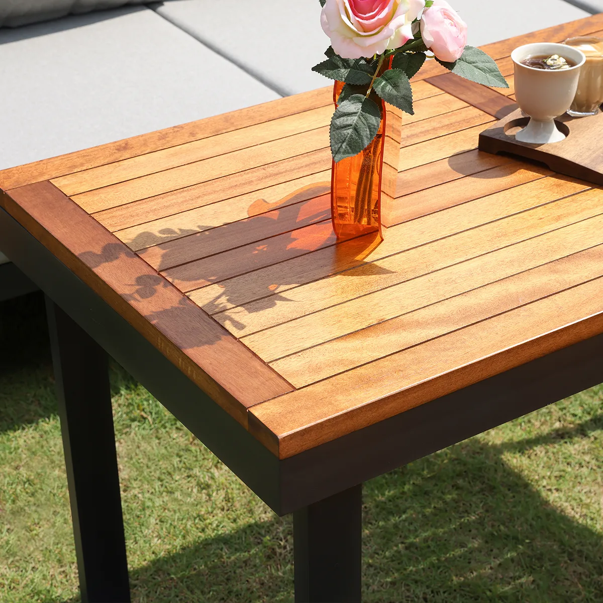 Aluminum Wood Outdoor Sectional Sofa & Propane Gas Fire Pit Table With Glass Wind Guard — image 5