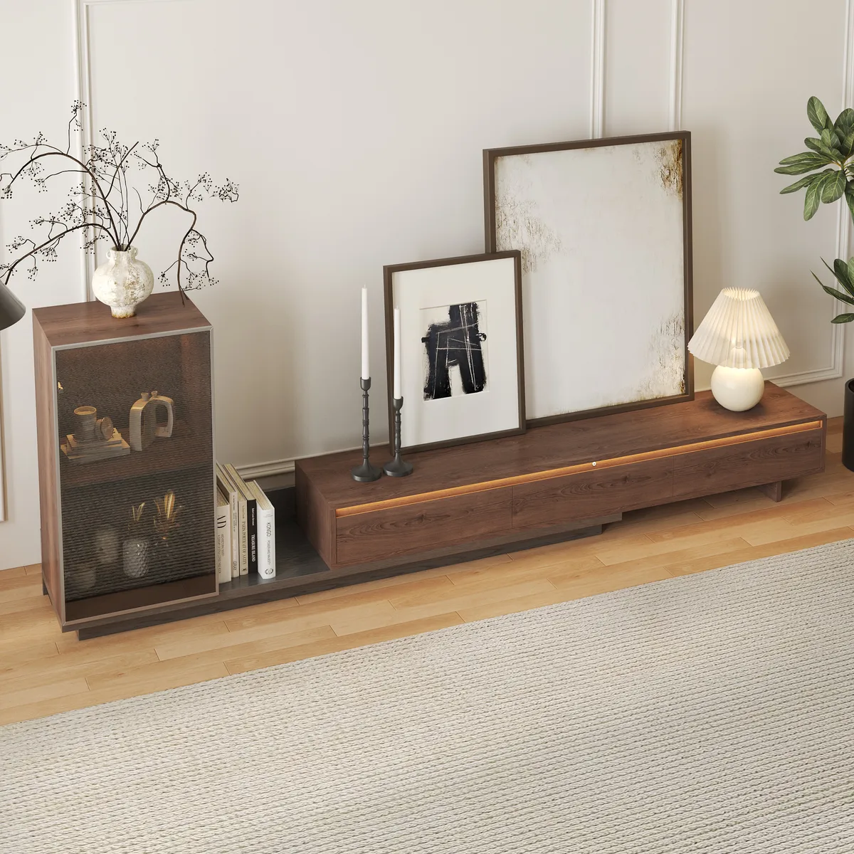 Fero Retracted & Extendable 3 Drawers TV Stand with Bookcase & LED Lighting in Walnut & Gray Up — image 3