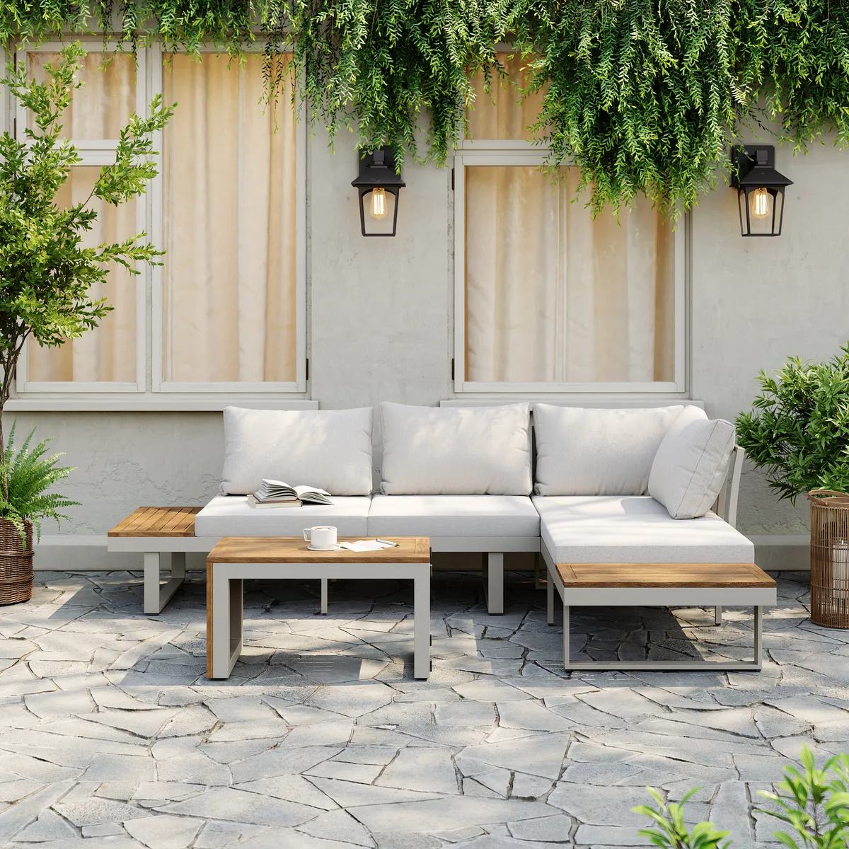 Slatera Outdoor Acacia & Aluminum Modular Sofa Set in Dark Gray with Black Cover — image 13
