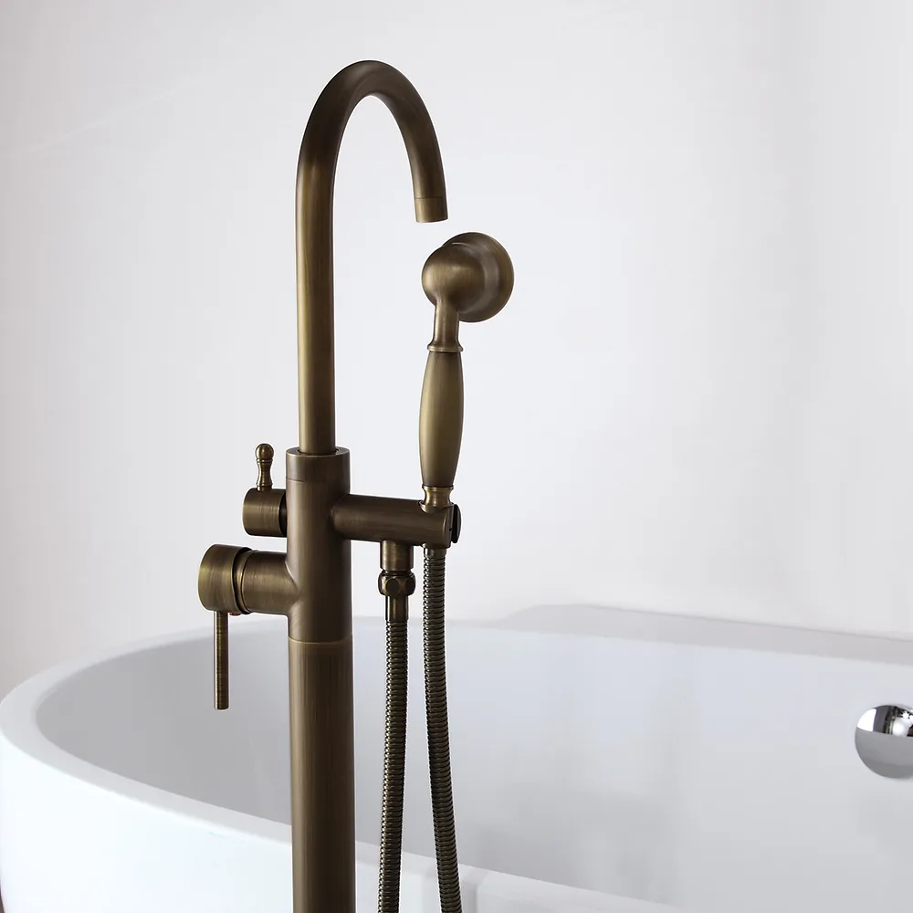 Classic Single Handle Swirling Spout Freestanding Tub Faucet with Handshower Solid — image 4