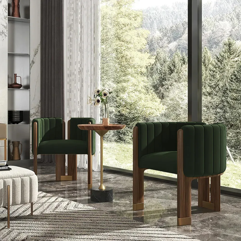 Modern Wood Accent Chair Beige Velvet Upholstered Arm Chair — image 19