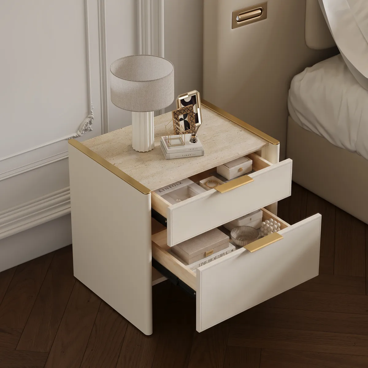 Modern Saddle Leather 2-Drawer Nightstand with Faux Travertine Stone Top — image 4