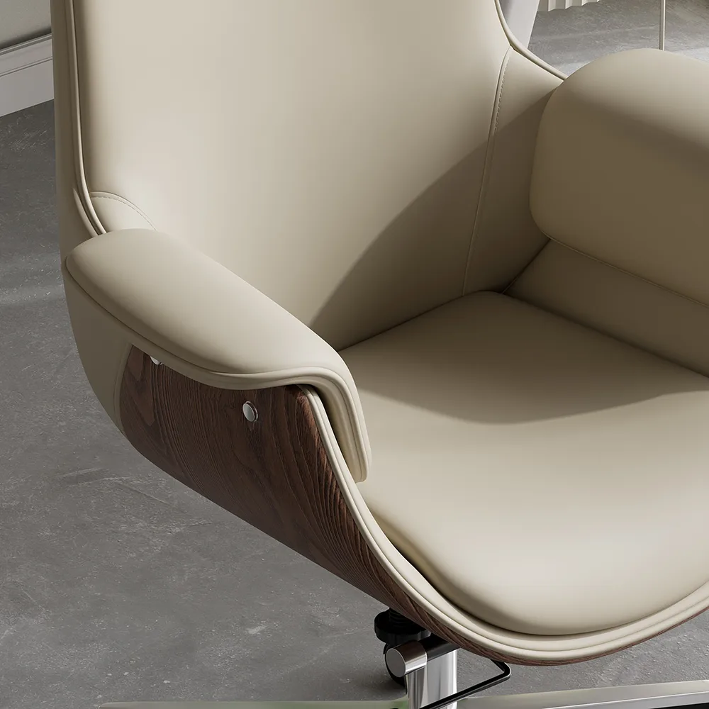 Black Leather Modern Home Office Chair Upholstered High Back Desk Chair Wood Grain Frame — image 29