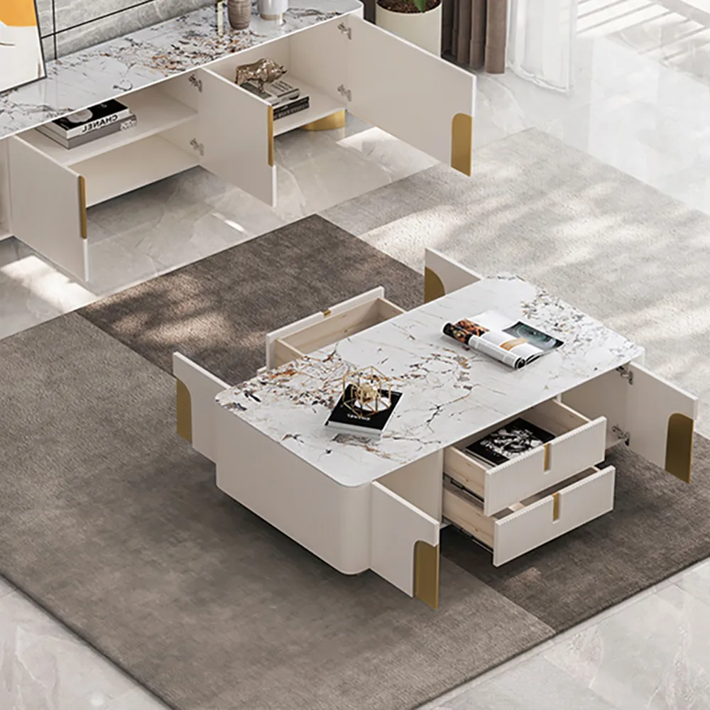 Artis Modern Beige Rectangle Large Coffee Table Drawers Sintered Stone Gold Base — image 5