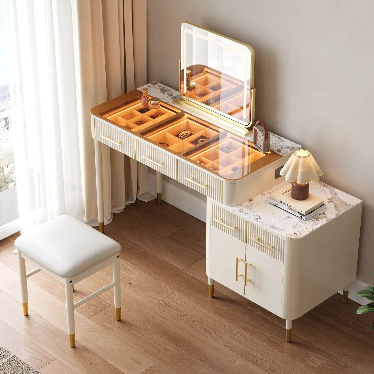 White Makeup Vanity Set with Lighted Mirror & Stool Mid Century Modern Dressing Table with Glass Top — image 11