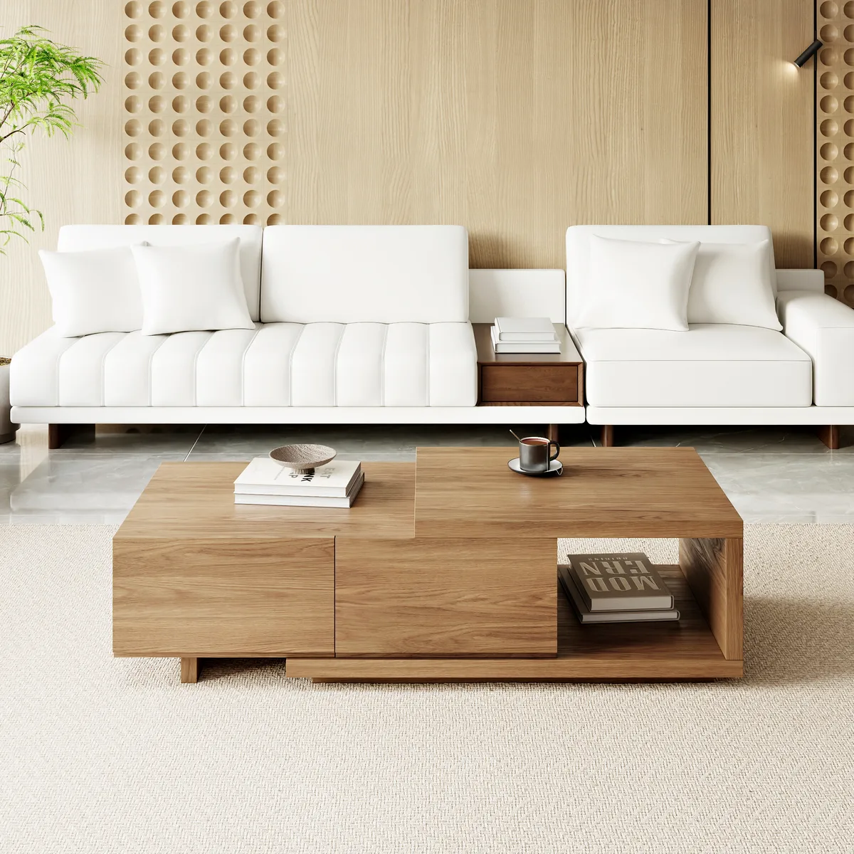Quoint 68.9" Modern White Coffee Table Retracted & Extendable with 2-Drawer — image 24