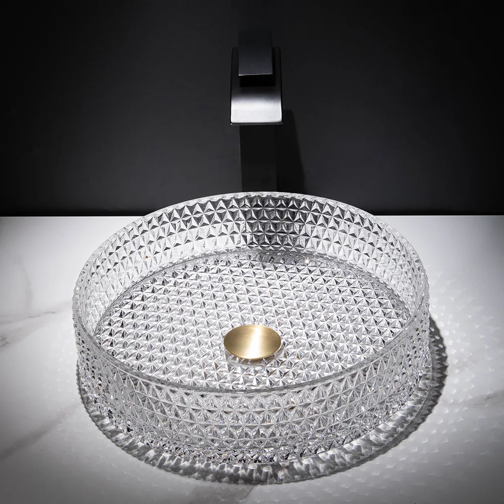 Vessel Transparent Diamond Shaped Crystal Glass Bathroom Wash Sink — image 22