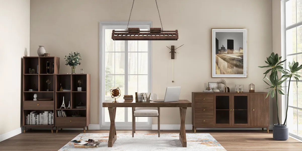 Vintage Style Pine wood Office Writing Desk with Trestle Leg in Natural Farmhouse Home Office Furniture Rectangular — image 5