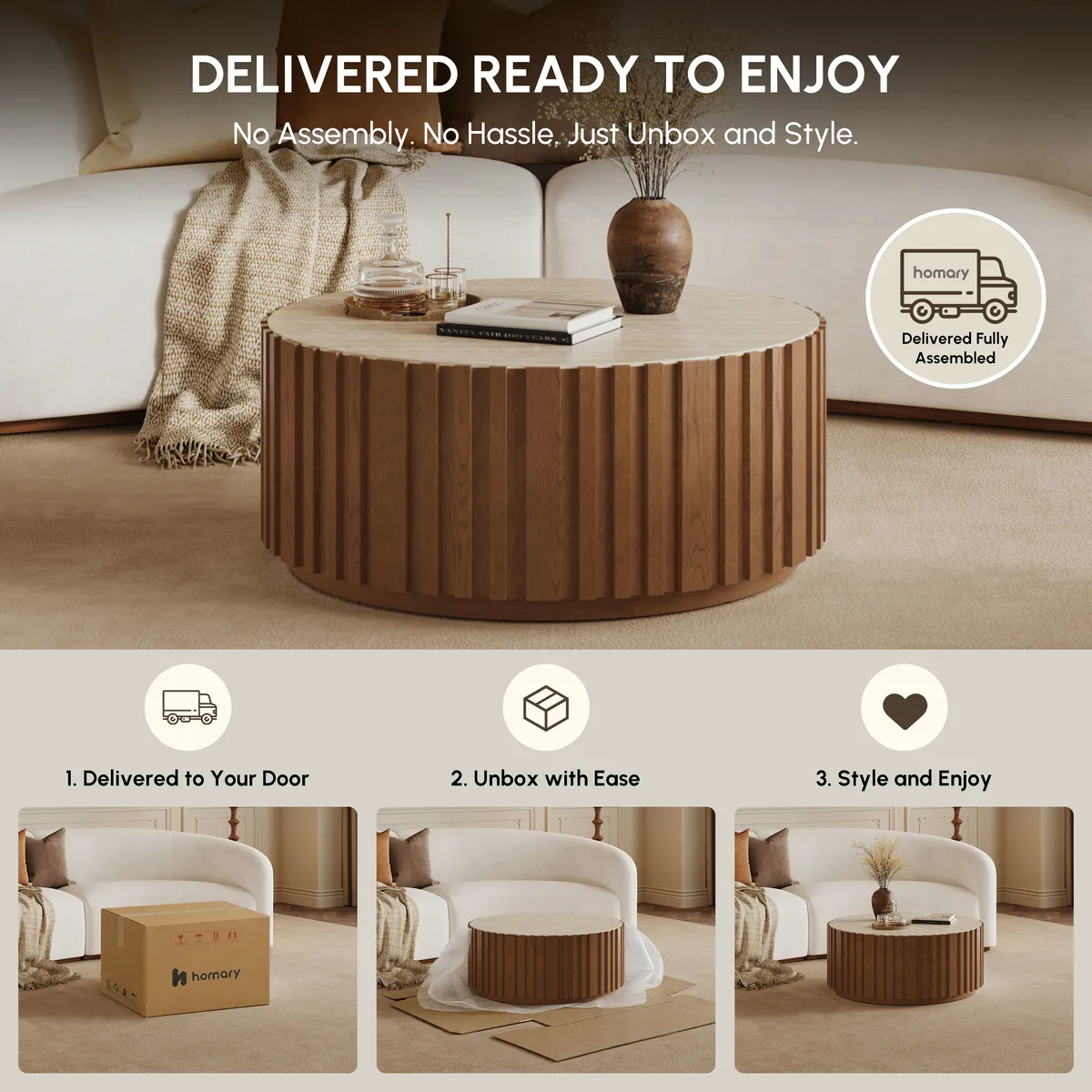 Aura 35" Ash Wood Slatted Round Coffee Table with Sintered Stone Top — image 19