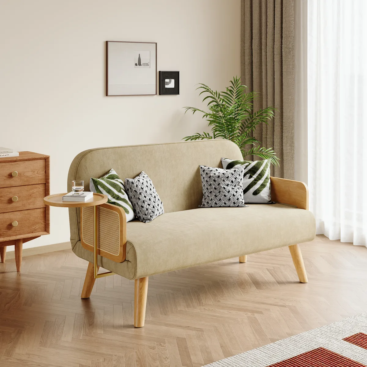 Futon Bed Twin Sleeper Sofa Convertible Chair Bed with Rattan Armrest — image 11